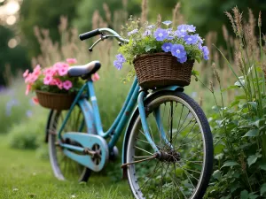 Vintage Bicycle Planter Display - Rustic garden scene with an old vintage bicycle painted in faded blue, covered in blooming flowers in attached baskets, with morning glory vines climbing through the wheels, soft morning light, shallow depth of field